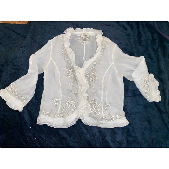NEIMAN MARCUS EXCLUSIVE BUTTON FRONT V-NECK RUFFLED EMBROIDERED LINEN BLOUSE M - Picture 3 of 8